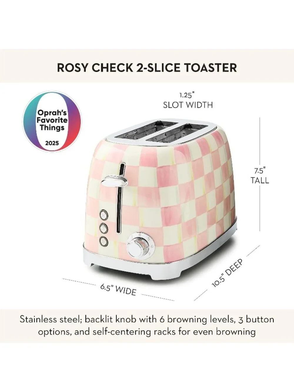2-Slice Pink-and-White Courtly Check Stainless Steel Decorative Bread Toaster